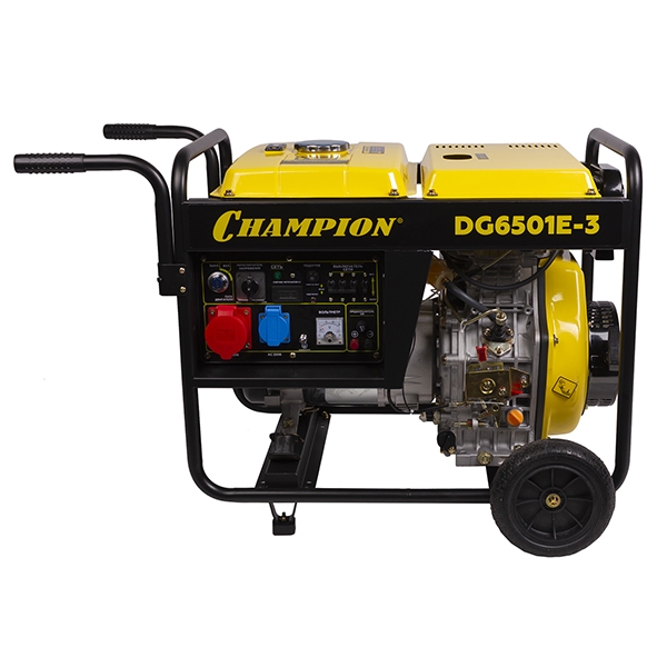 CHAMPION DG6501E-3 генератор дизельный 6,2/6,8 кВт., 8,9 л.с.,бак 12,5 л., 1,7 л/ч, 12V., эл.старт,колеса, счетчик- фото